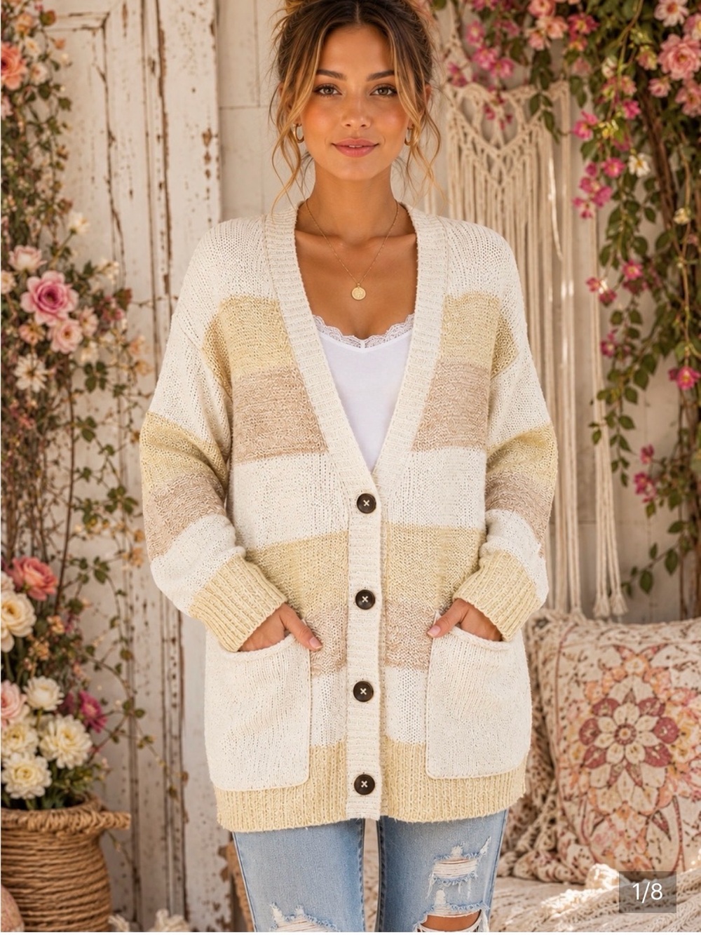 Cozy Women's Cream & Tan Striped Knit Cardig